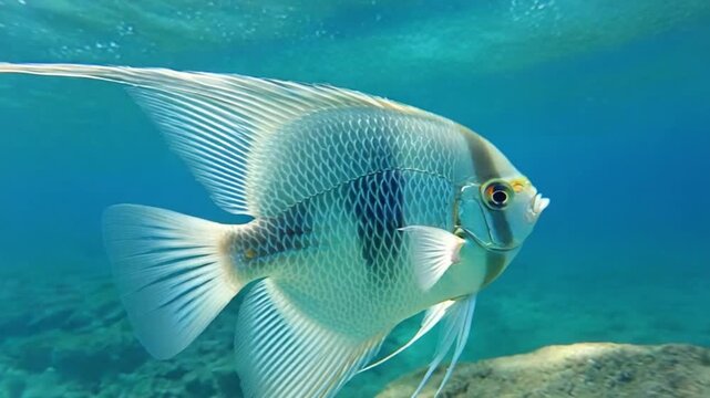 Close up of a silver angelfish swimming gracefully in clear blue ocean water near the coral reef fish video