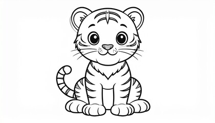 Fototapeta premium Cute Sitting Tiger Cub Line Art - Adorable Front View Black and White Outline