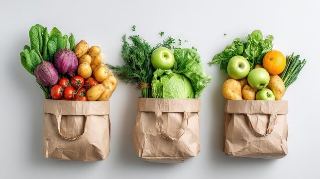 Three Brown Paper Bags Filled with Various Fresh Produce Isolated on Light Gray Background - Powered by Adobe