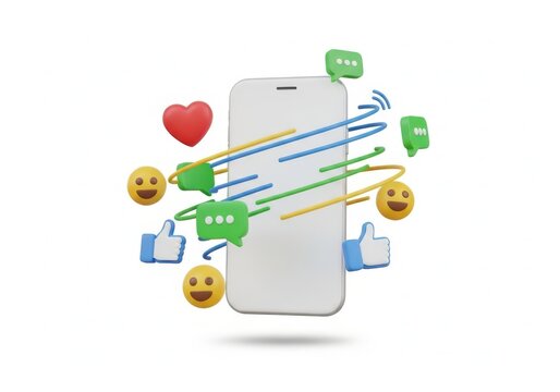 Smartphone surrounded by social media icons and symbols, isolated on white background