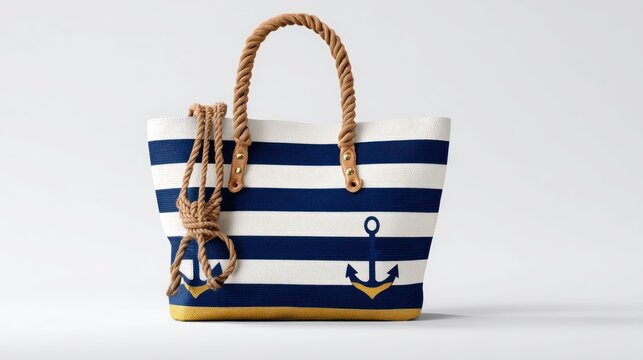 A white beach tote with bold blue horizontal stripes, rope handles, a gold-colored bottom, and two gold anchor designs