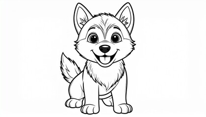 Cute Husky Puppy or Wolf Cub Line Art - Adorable Hand-Drawn Black and White Outline