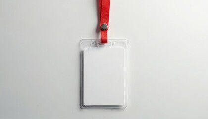Blank id badge lies on white surface. Empty name tag mockup with red lanyard isolated. Template for corporate design, business conference, personal identification, registration card event invitation