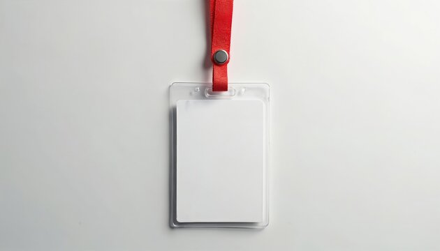 Blank id badge lies on white surface. Empty name tag mockup with red lanyard isolated. Template for corporate design, business conference, personal identification, registration card event invitation - Powered by Adobe