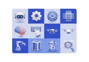 Collection of 3d icons representing artificial intelligence and technology concepts, including robots, brains, and circuits