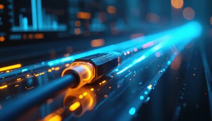 Blue light streaks through fiber optic cable in dark, symbolizing fast data transfer. Shows modern digital networks and high speed info communication.