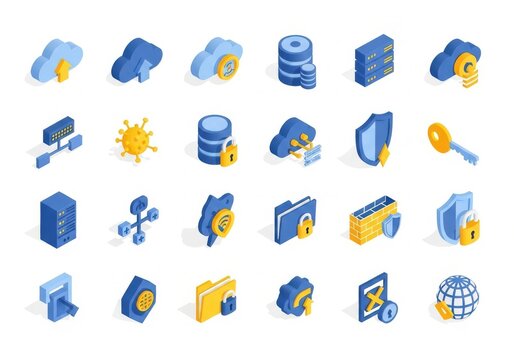 A collection of isometric cloud computing and security icons, including servers, clouds, locks, and keys on a white background