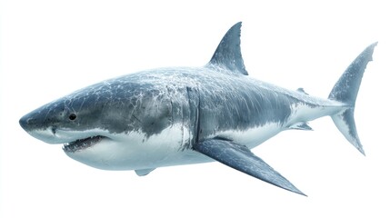 Obraz premium A large, white shark is shown in profile, with its mouth slightly open, revealing teeth. The creature has a prominent dorsal fin