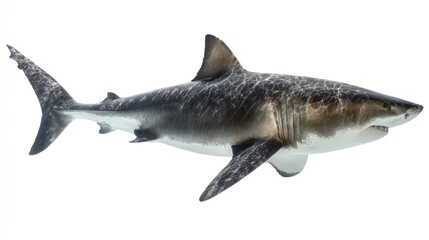 A powerful predator shark with a dark patterned body swims gracefully against a plain white background, revealing its sharp teeth