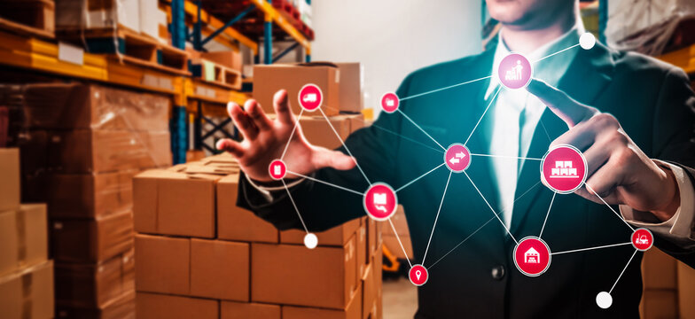 Smart warehouse management system with innovative internet of things technology to identify package picking and delivery . Future concept of supply chain and logistic network business .