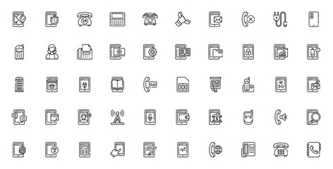 Phone icon set. Modern communication vector icons colection. Includes symbols or call, message, mail, cht, video call, mobile paymnt, 5g, signal, contact, spport and more. Editable sroke.