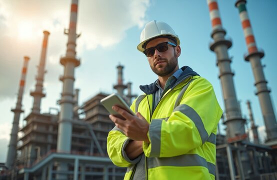Engineer with hard hat and safety vest holds tablet computer. Man works at industrial plant with tall smoke stacks under blue sky. Man checks data on device at refinery. - Powered by Adobe