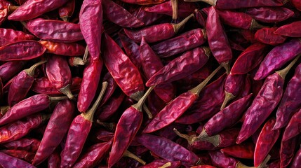 A close-up shot of dried, wrinkled, crimson chili peppers tightly packed together, with visible stems and varied textures