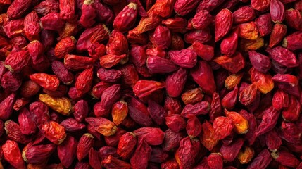 A close-up view of a densely packed pile of dried, vibrant red and orange pods. Some pods show varied hues