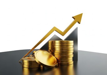 3d illustration of stacked gold coins and an upward trending arrow, symbolizing financial growth