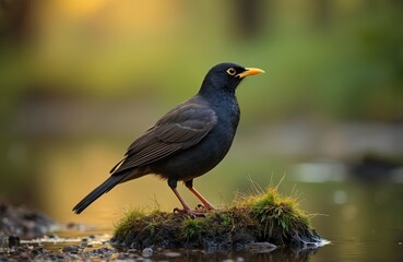 Blackbird stands on mossy mound near water. Dark bird poses on tiny islet. Wildlife photo shows avian resting in nature. Feathered animal watches around in forest. Black bird in natural habitat near
