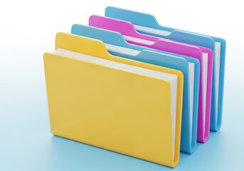 A row of colorful folders, including yellow, blue, and pink, neatly arranged to represent data organization and categorization
