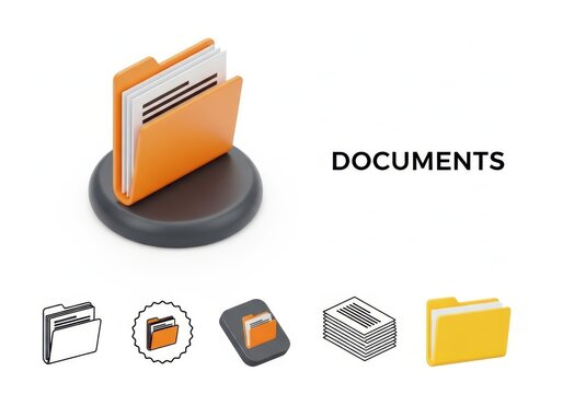 A collection of 3d icons representing document folders and files, with the word documents displayed