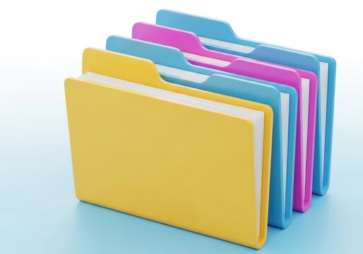 A row of colorful folders, including yellow, blue, and pink, neatly arranged to represent data organization and categorization