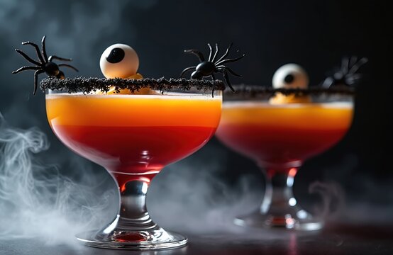 Two eerie Halloween cocktails layered in glasses. Spooky drinks decorated with spiders and eyeballs. Festive orange and red beverages for parties. Dark atmosphere with smoke.