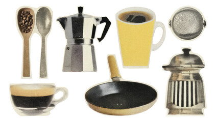 Colorful Kitchen Utensils and Coffee Making Equipment on Transparent Background