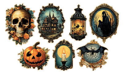 Vintage Halloween Illustrations with Skull, Pumpkin, Haunted House, and More
