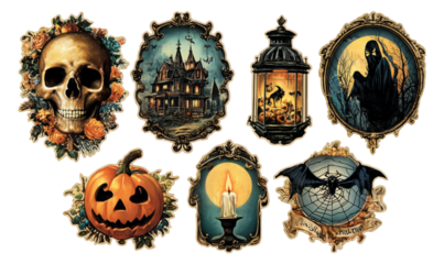 Vintage Halloween Illustrations with Skull, Pumpkin, Haunted House, and More