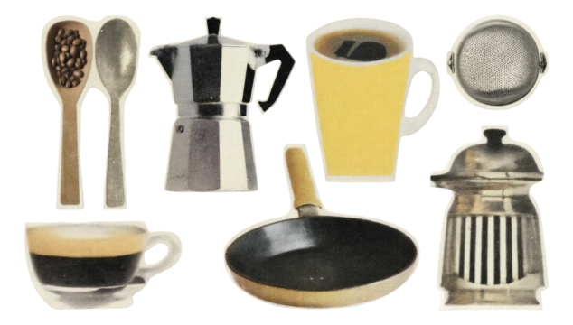 Colorful Kitchen Utensils and Coffee Making Equipment on Transparent Background - Powered by Adobe