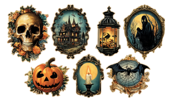 Vintage Halloween Illustrations with Skull, Pumpkin, Haunted House, and More