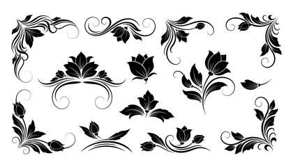 Elegant Floral Ornament Collection in Black Silhouette.