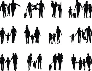 Collection of diverse family silhouettes walking together, parent and children figures, family bonding illustration set for design, vector black icons