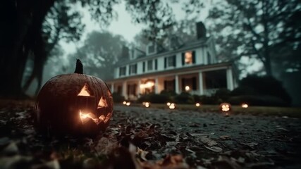 Eerie halloween scene illuminated pumpkins and historic house at dusk - Powered by Adobe