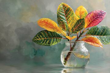 Croton Leaf Branch in Clear Glass Vase &ndash; Minimalist Botanical Still Life