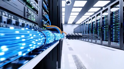 Data center with server racks and a digital stream. Bright blue data flow along a hall - Powered by Adobe