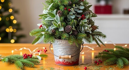 Festive tabletop christmas tree centerpiece in a rustic metal pail adorned with pinecones berries and fairy lights on a wooden table