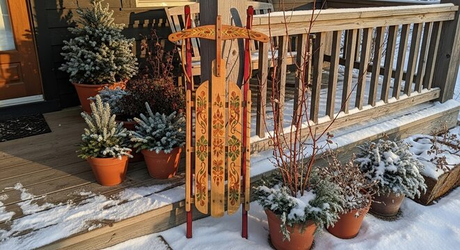 Rustic wooden wind chimes hang on a weathered porch railing with potted plants and snow dusted foliage in a cozy winter scene
