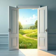 Open door to summer landscape. Path goes through green meadow. Trees grow. Birds fly in sky. New opportunity. Freedom concept. Peace and quiet scenic countryside view.