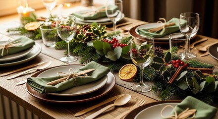 Elegant christmas dinner table setting with green napkins holly berries and dried orange slices for a festive holiday gathering