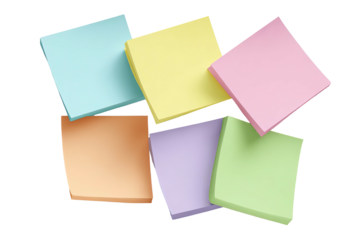 Six colorful square sticky notes are stacked