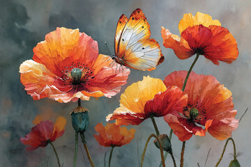 Watercolor Butterfly Hovering Over Vibrant Poppy Field &ndash; Botanical Artwork
