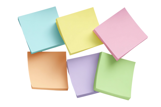 Six colorful square sticky notes are stacked