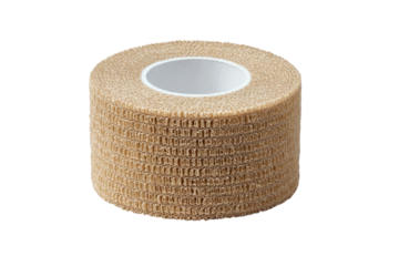 Tan roll medical bandage, textured weave, white core visible
