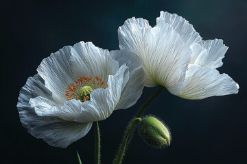 White Poppy Flower Bunch on Black Background