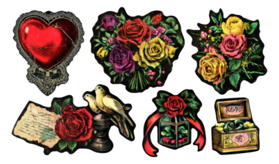 Vintage Floral Illustrations with Heart, Roses, and Decorative Elements on Transparent Background