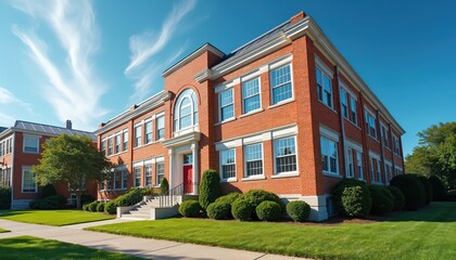 Fototapeta premium Classic American school building exterior, brick facade with large windows and arch. Lush green lawn and landscaping surround educational institution campus.