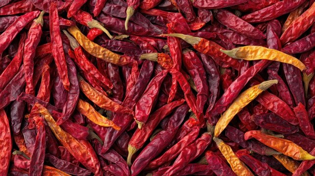 A dense, close-up view of dried red chili peppers fills the frame, exhibiting varying shades, textures, and organic shapes. Some stems visible - Powered by Adobe
