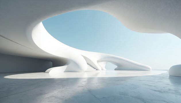 Minimalist white futuristic architecture interior with flowing organic shapes, concrete floor. Smooth curves create sense of movement, space. Bright natural light illuminates clean, modern design. - Powered by Adobe