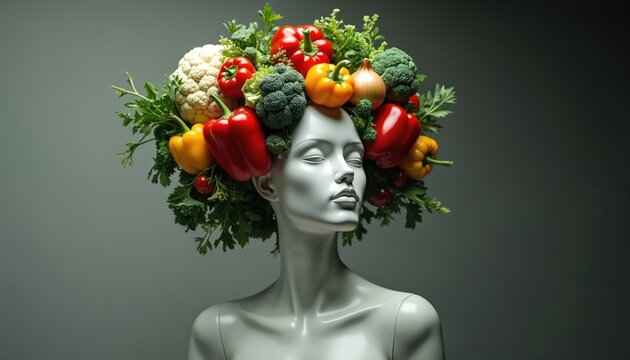 Mannequin head wears fresh colorful vegetable crown. Red peppers, green broccoli, white cauliflower, yellow peppers, onions, tomatoes, parsley form natural hair. Visually shows healthy eating, - Powered by Adobe