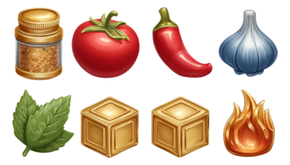 Colorful Gourmet Ingredients and Decorative Elements for Culinary Illustrations