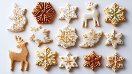 Festive, decorated cookies of various winter shapes snowflakes, deer, and an angel, arranged against a bright white background